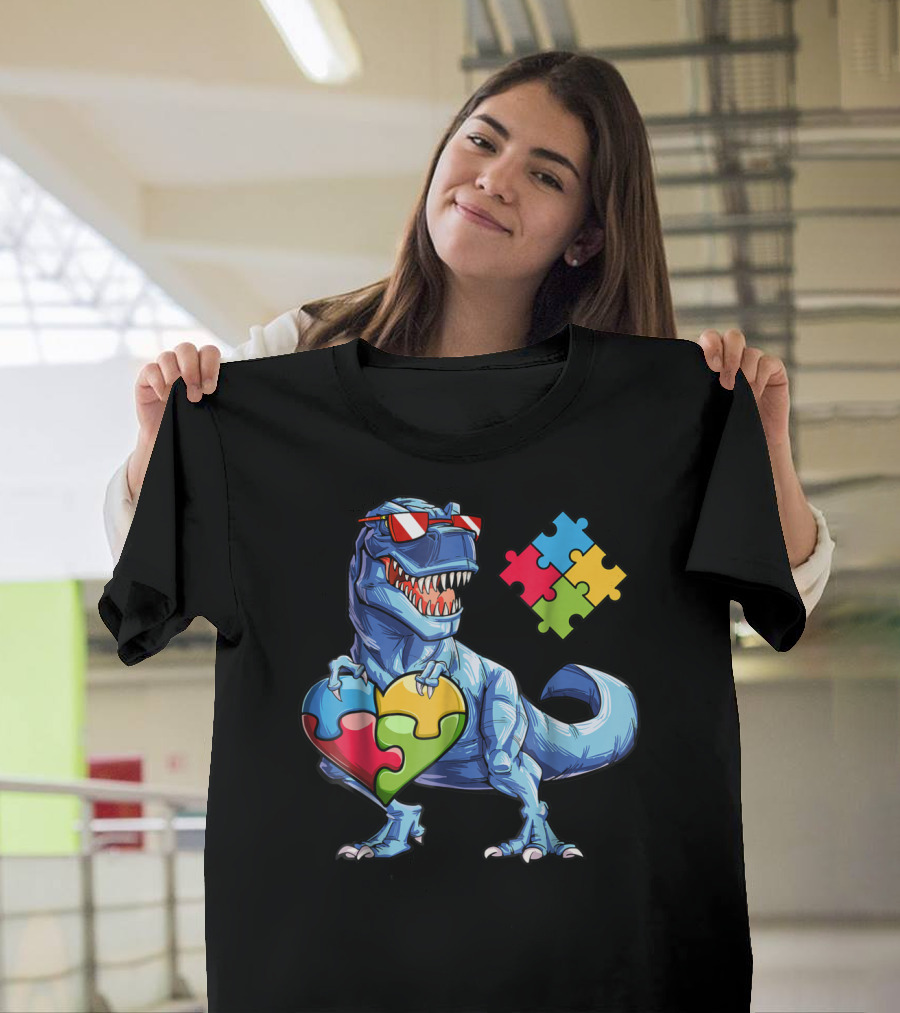 Dinosaur with Puzzle Pieces Heart Autism Awareness T-Shirt