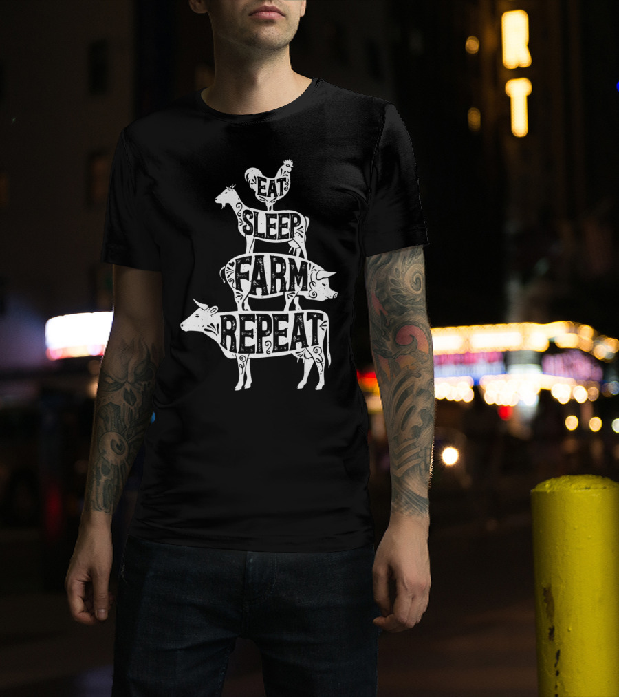 Eat Sleep Farm Repeat Farmer Goat Pig Cow Rooster T-Shirt