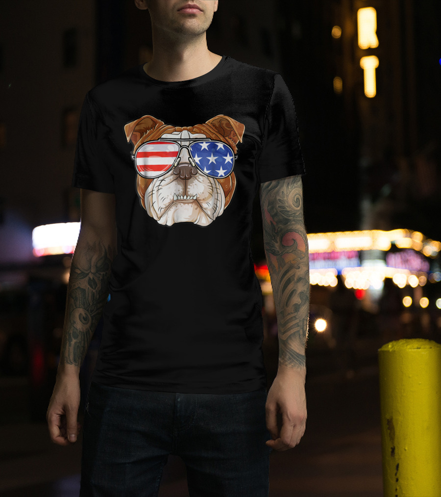 English Bulldog Wearing American Flag Sunglasses T-Shirt