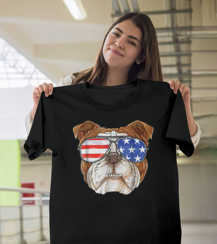English Bulldog Wearing American Flag Sunglasses T-Shirt