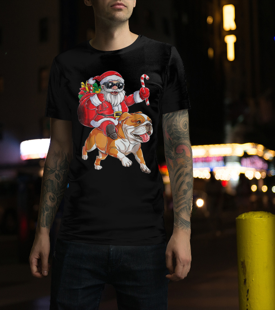 English Bulldog Santa Claus Riding With Candy Cane And Gifts Christmas Woofmas T-Shirt