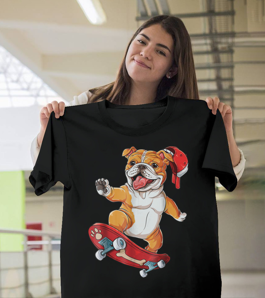 English Bulldog With Red Cap Skating On Bone Deck Skateboard T-Shirt