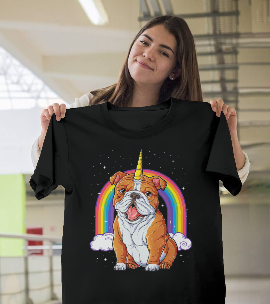 English Bulldog Unicorn Rainbow Space Galaxy T-Shirt