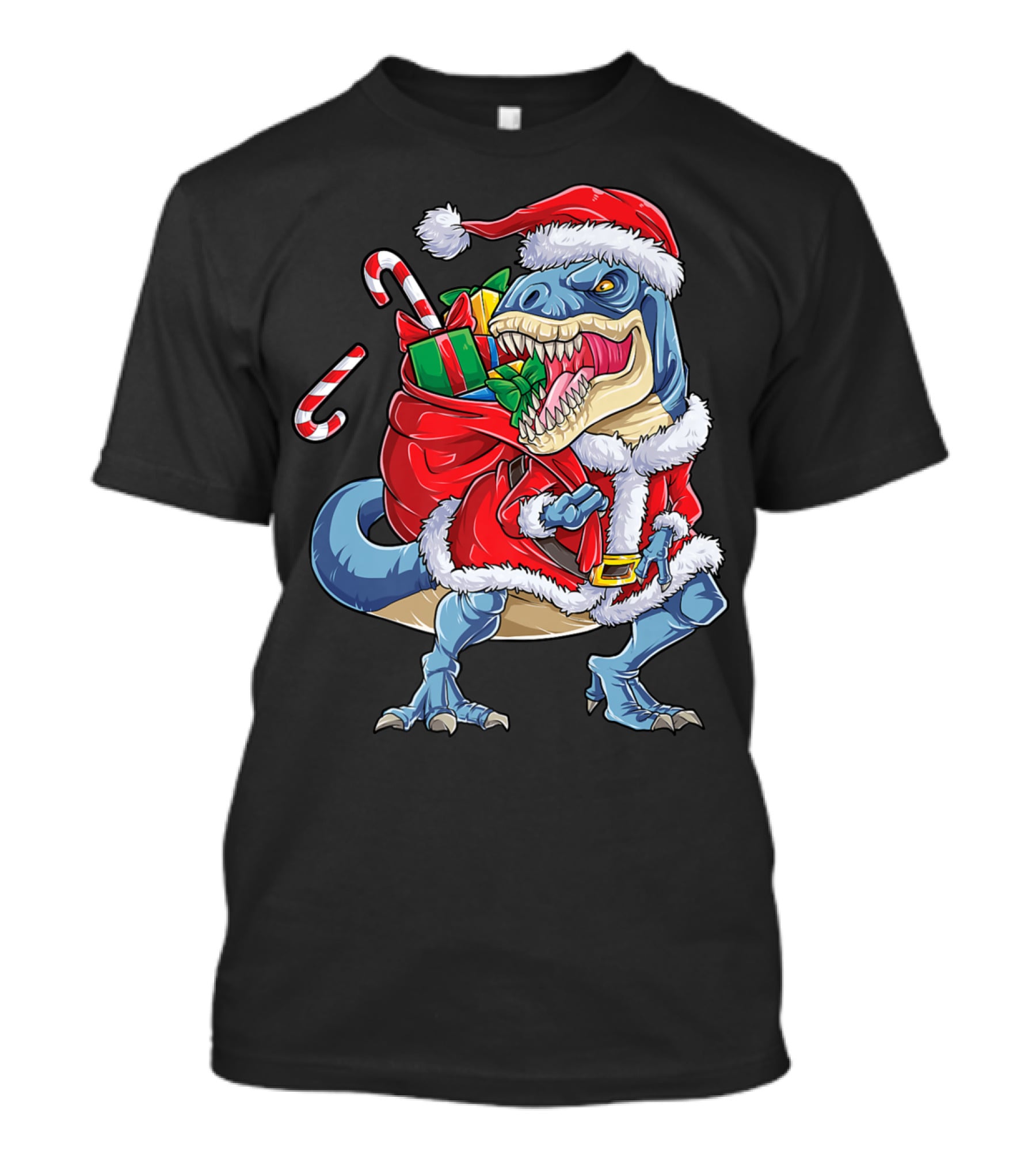Dinosaur Christmas Boys Santa Rex With Candy Canes And Gifts T-Shirt