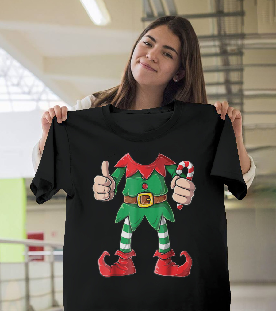 Elf Christmas Costume Holiday Outfit With Candy Cane And Thumbs Up For Girls Boys T-Shirt