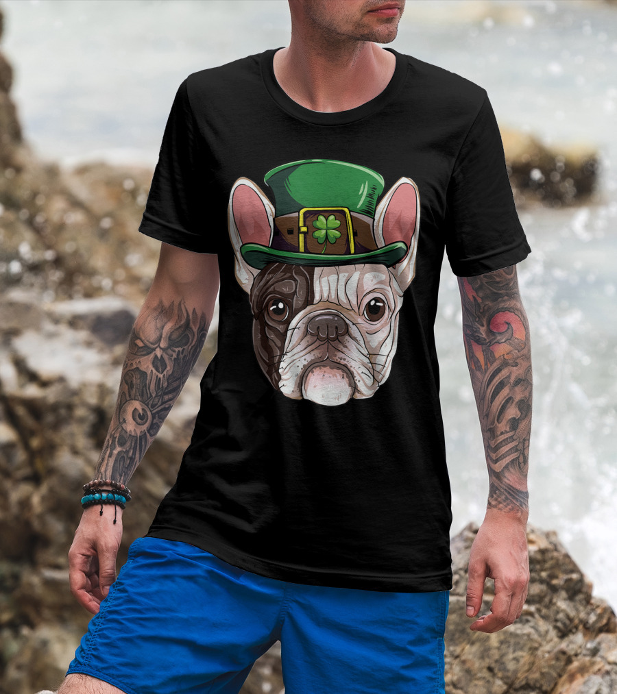 French Bulldog Leprechaun St Patricks Day Dog Wearing Green Hat With Shamrock T-Shirt