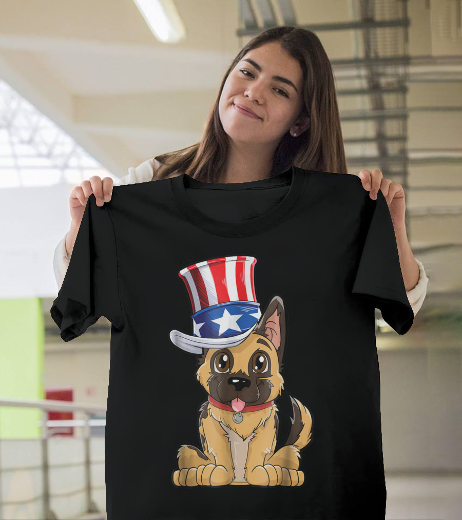 German Shepherd Uncle Sam 4th of July Patriotic Dog in American Flag Hat T-Shirt