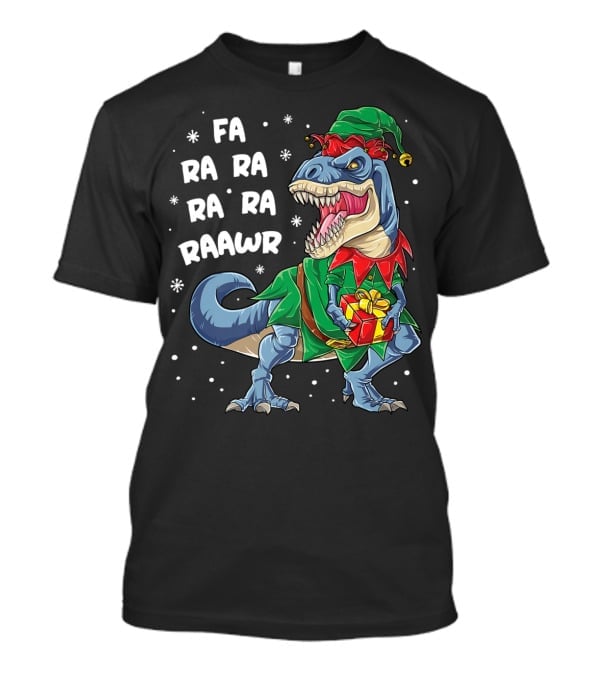 Fa Ra Ra Ra Rawr Dinosaur Christmas Rex Elf Holding Present T-Shirt