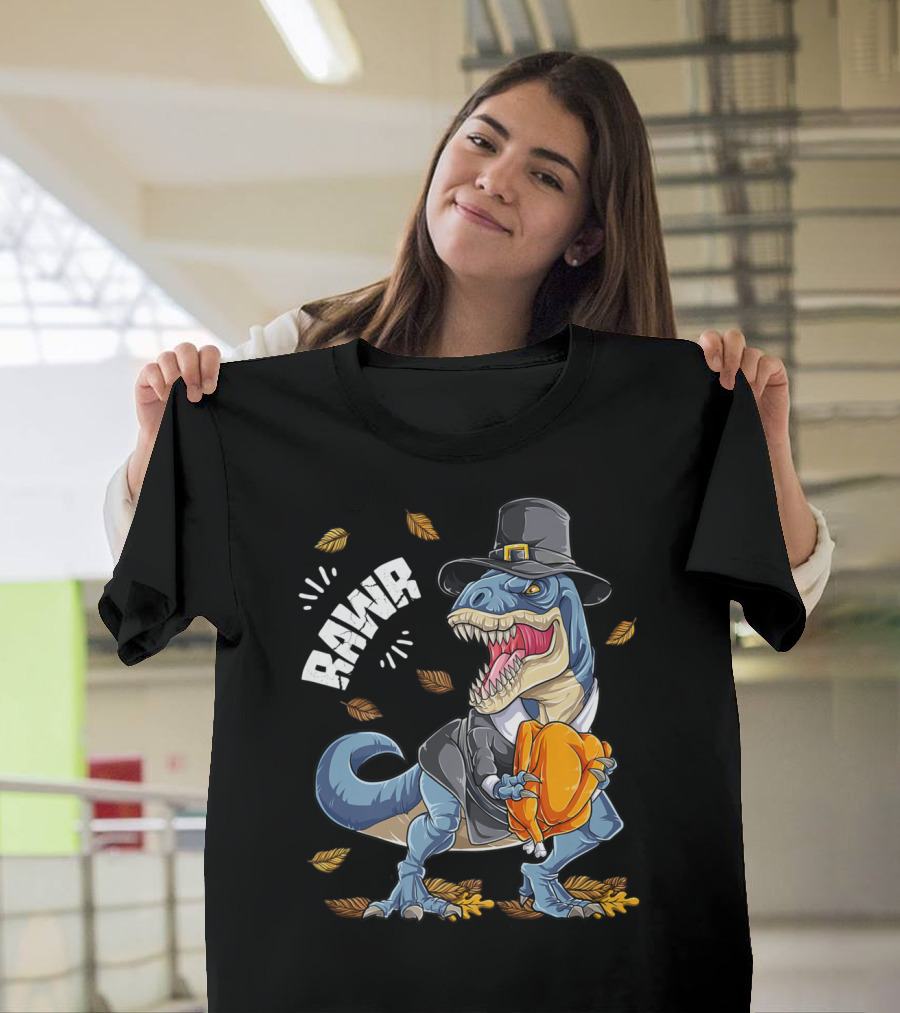 RAWR Dinosaur Thanksgiving Pilgrim T-Rex With Turkey Leaves T-Shirt
