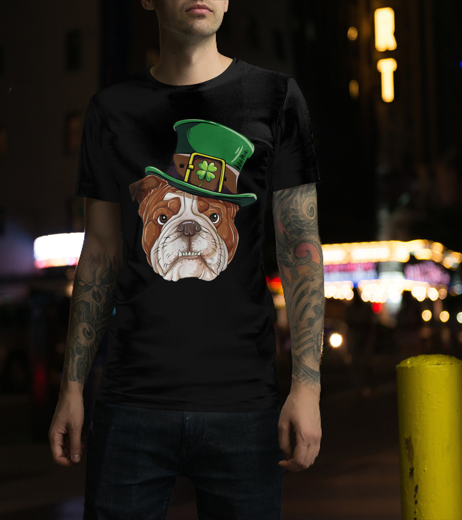 English Bulldog Wearing Leprechaun Hat St Patricks Day Dog T-Shirt