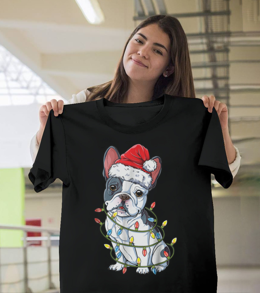 French Bulldog Christmas Santa Hat Wrapped In Xmas Lights T-Shirt
