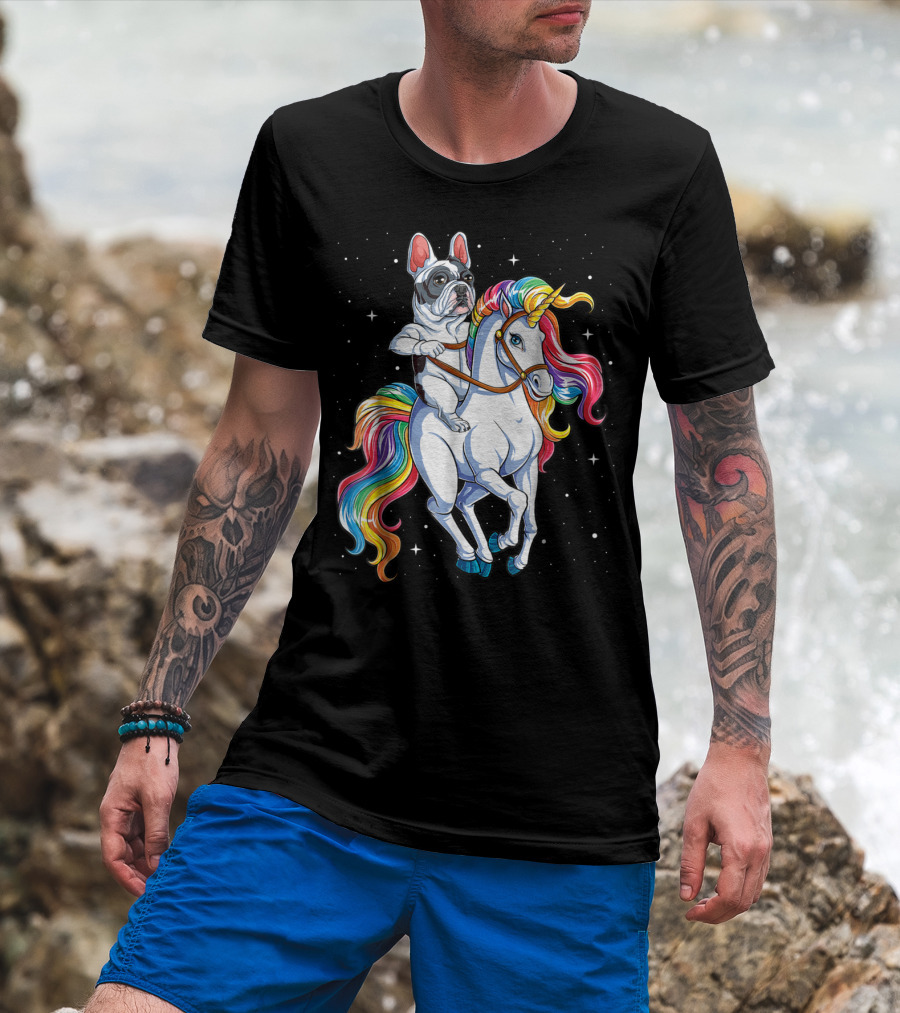 French Bulldog Riding Unicorn In Space Galaxy T-Shirt