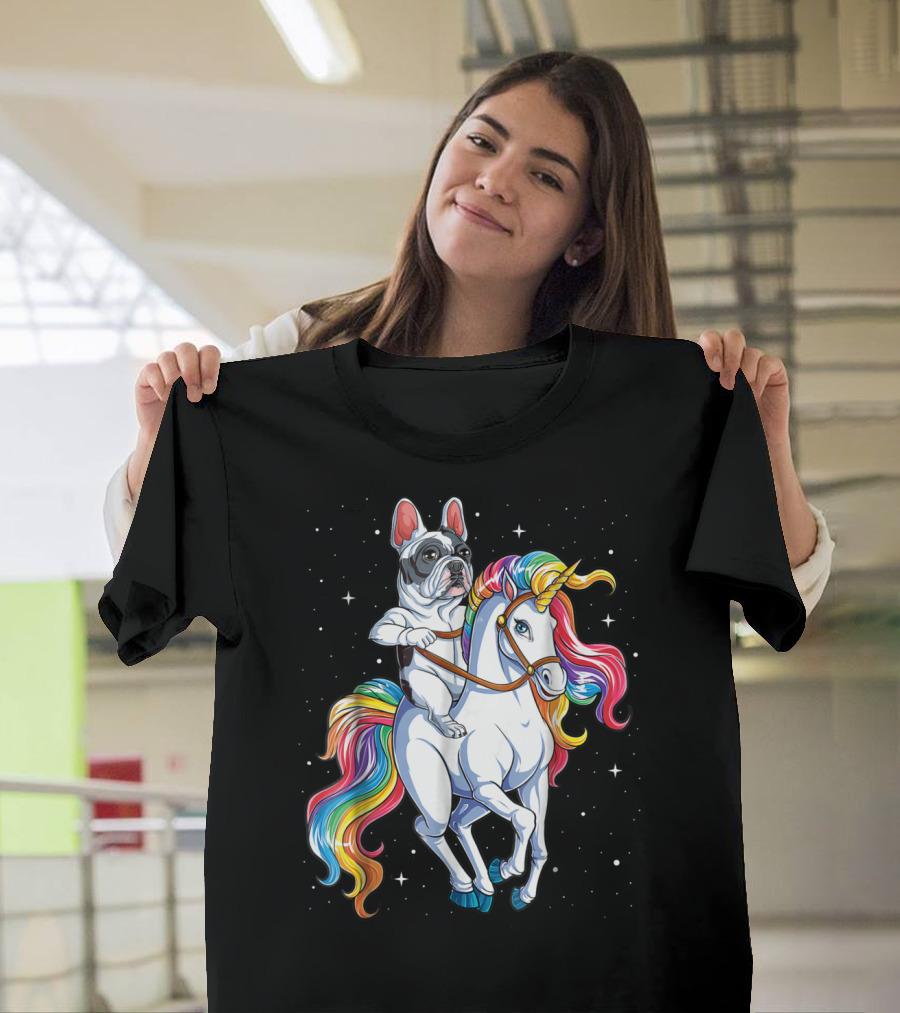 French Bulldog Riding Unicorn In Space Galaxy T-Shirt