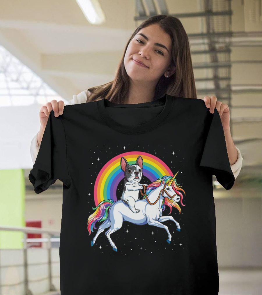 French Bulldog Riding Unicorn Rainbow Space Galaxy T-Shirt