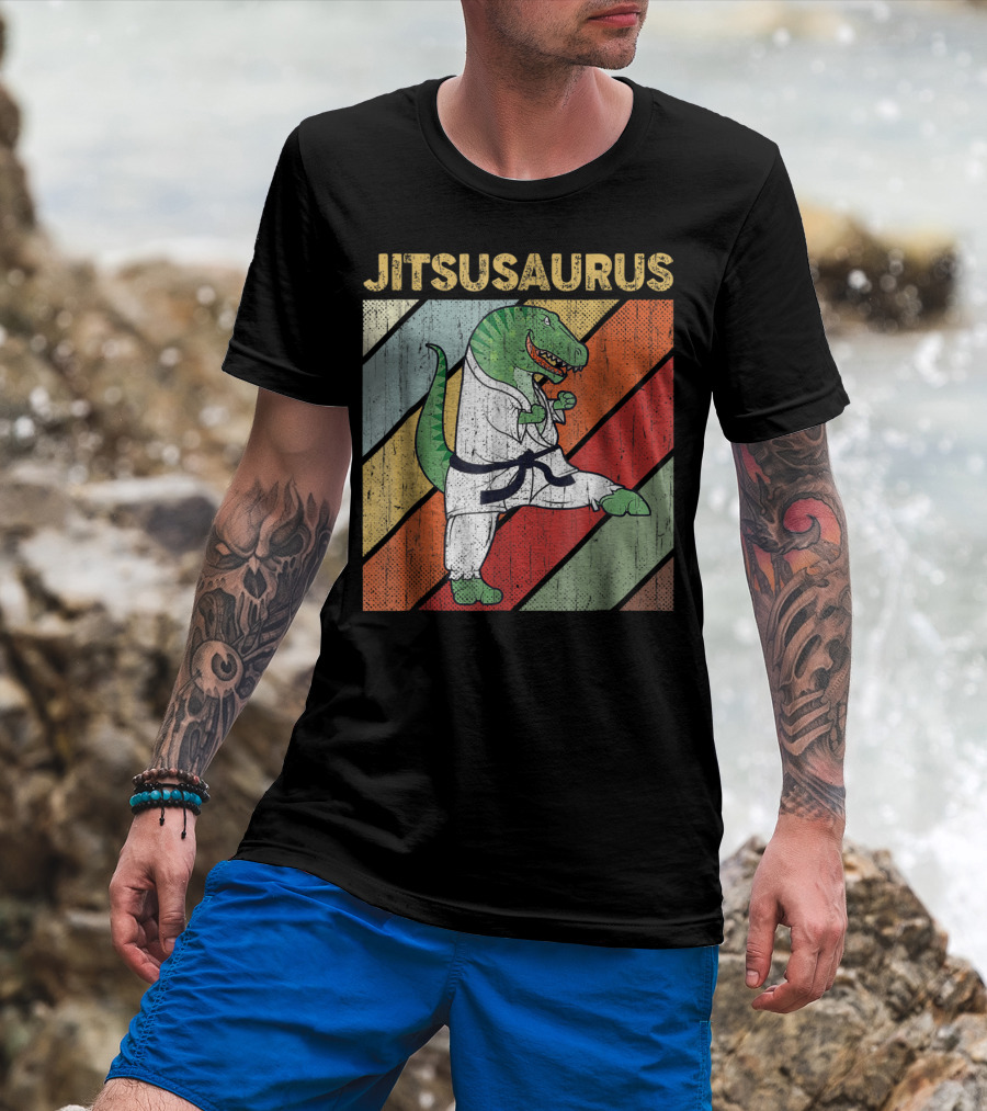 Jitsusaurus Dinosaur In Martial Arts Gi With Vintage Stripes T-Shirt
