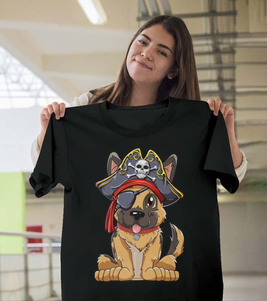 German Shepherd Pirate with Jolly Roger Skull Crossbones and Eyepatch T-Shirt