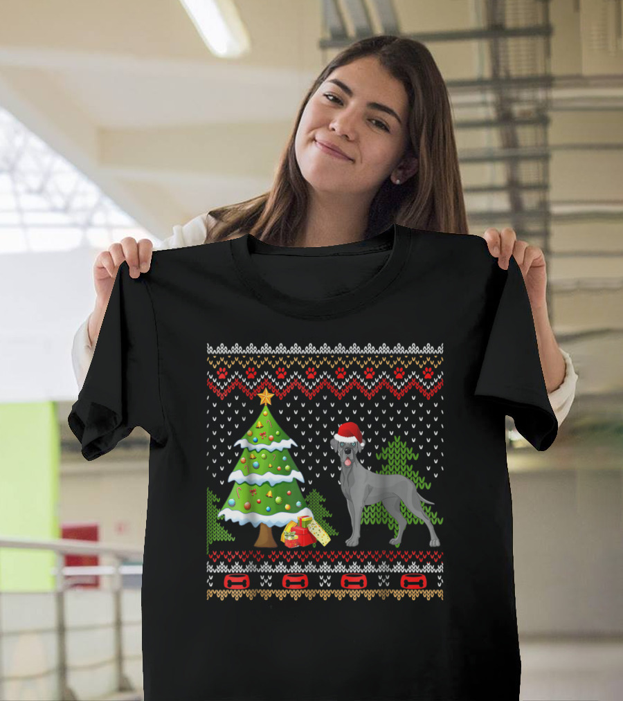 Great Danes Santa Christmas UglyDog Holiday Sweater Tree Present T-Shirt