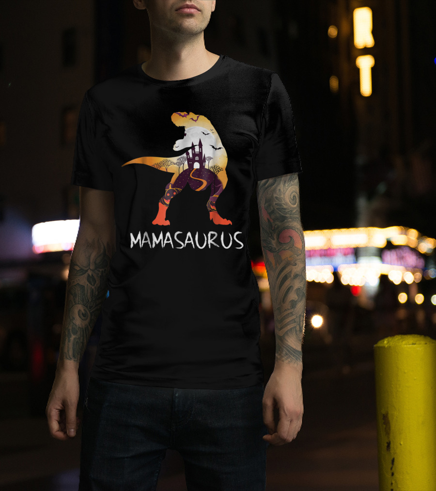Mamasaurus Halloween Castle Bats T-Rex Scene T-Shirt
