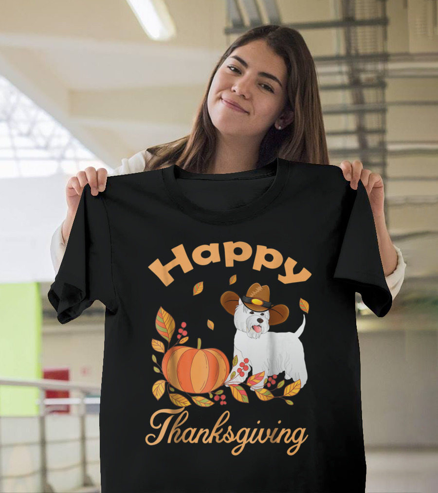 Happy Thanksgiving Westie Pilgrim Dog With Pumpkin And Leaves T-Shirt