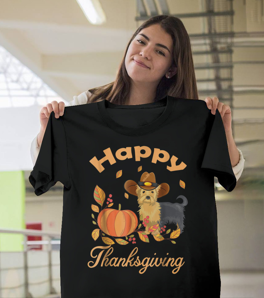Happy Thanksgiving Yorkie With Pilgrim Hat And Autumn Pumpkin Leaves T-Shirt