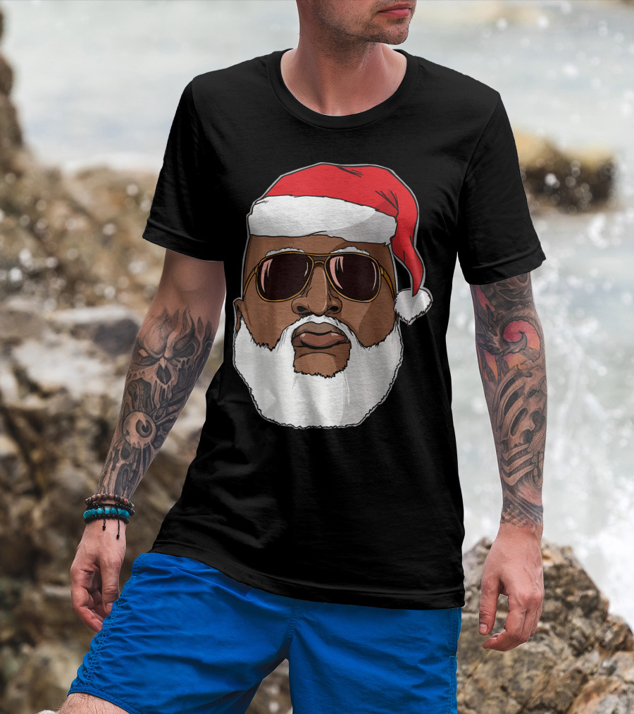 African American Santa With Sunglasses And Santa Hat T-Shirt