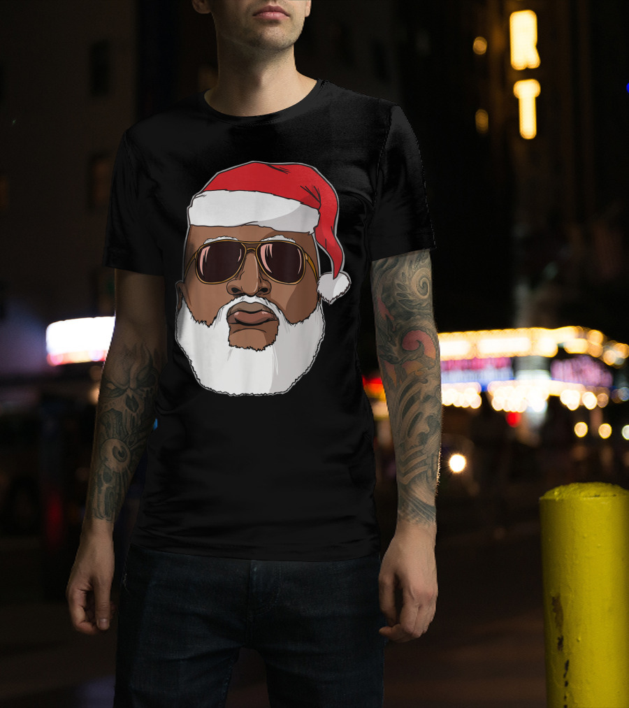 African American Santa With Sunglasses And Santa Hat T-Shirt