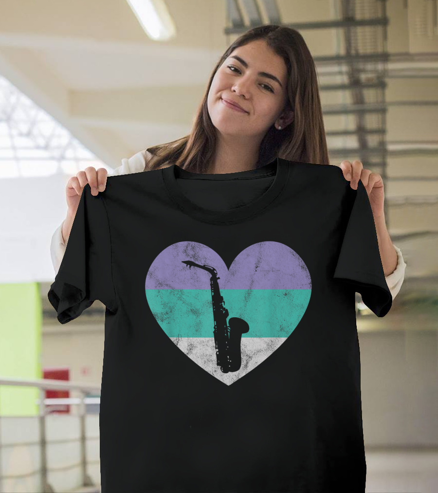 Heart with Alto Saxophone Silhouette and Pastel Stripes T-Shirt