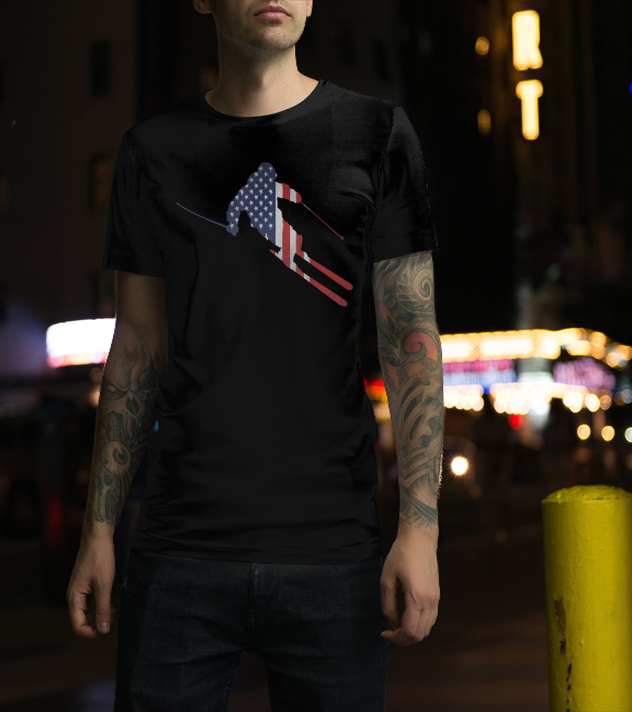 American Flag Skiing Silhouette For US Skiers T-Shirt