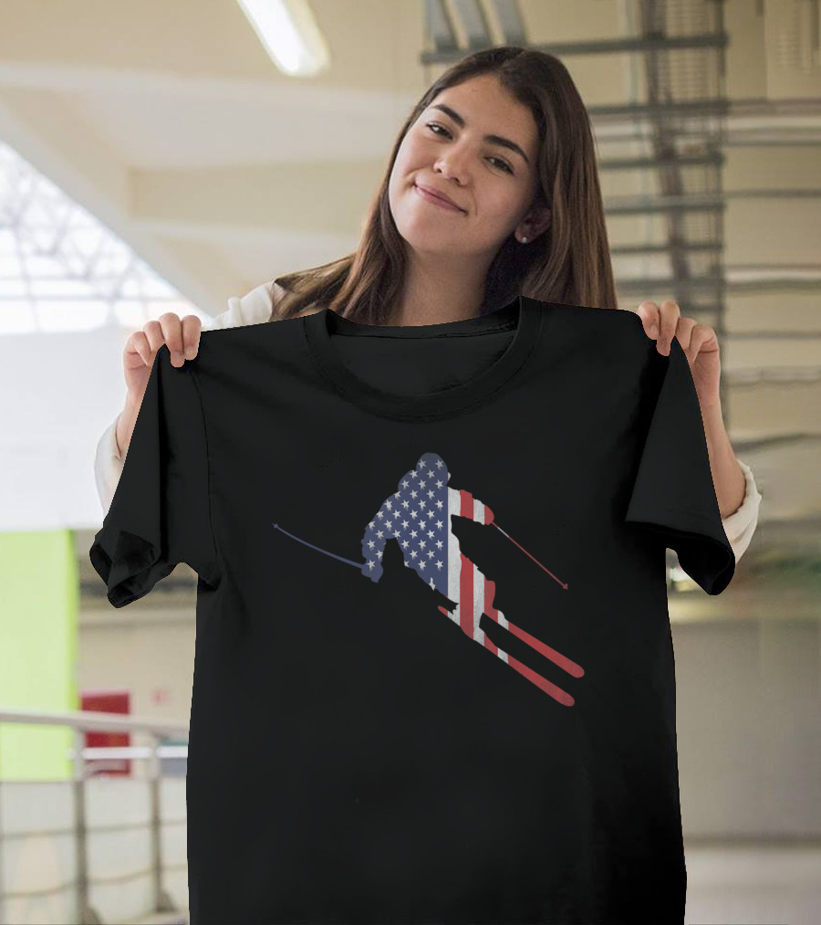 American Flag Skiing Silhouette for US Skiers T-Shirt