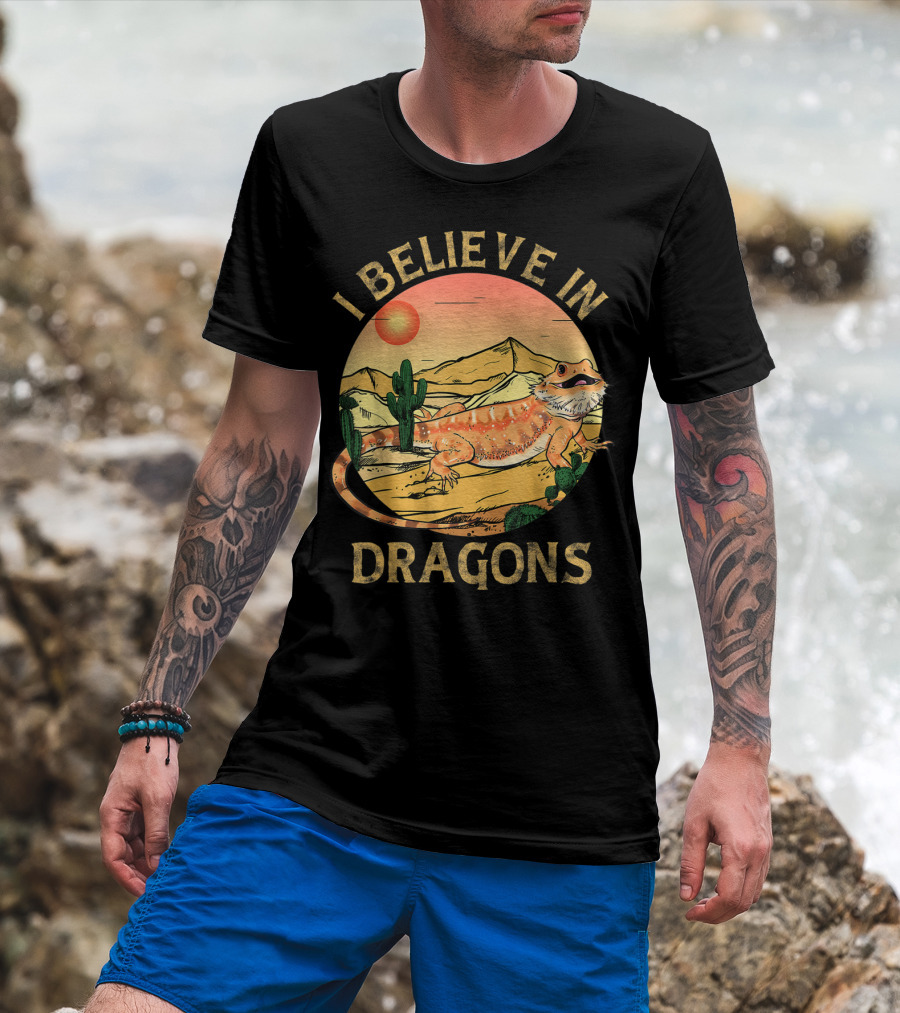 I Believe In Dragons Bearded Cactus Desert Sunset T-Shirt
