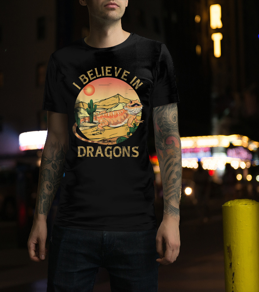 I Believe In Dragons Bearded Cactus Desert Sunset T-Shirt