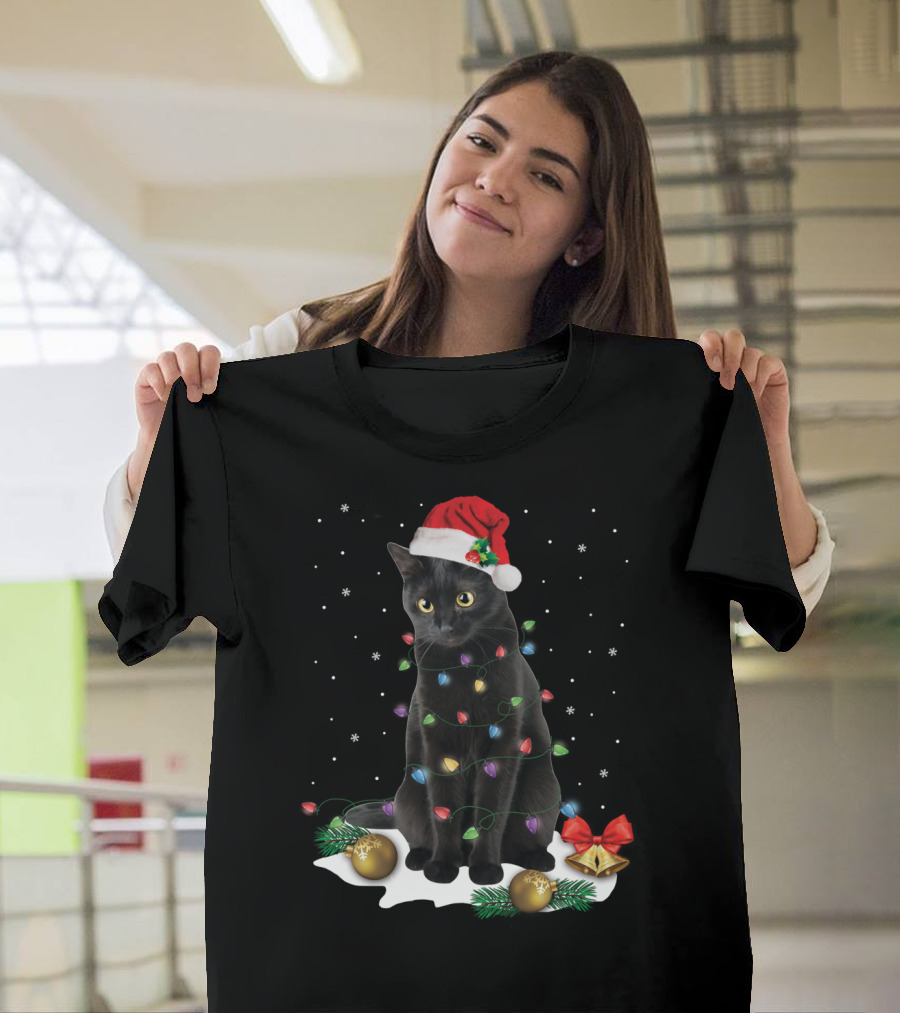 Black Cat Santa Christmas Lights Funny Cat Dad Festive Holiday T-Shirt