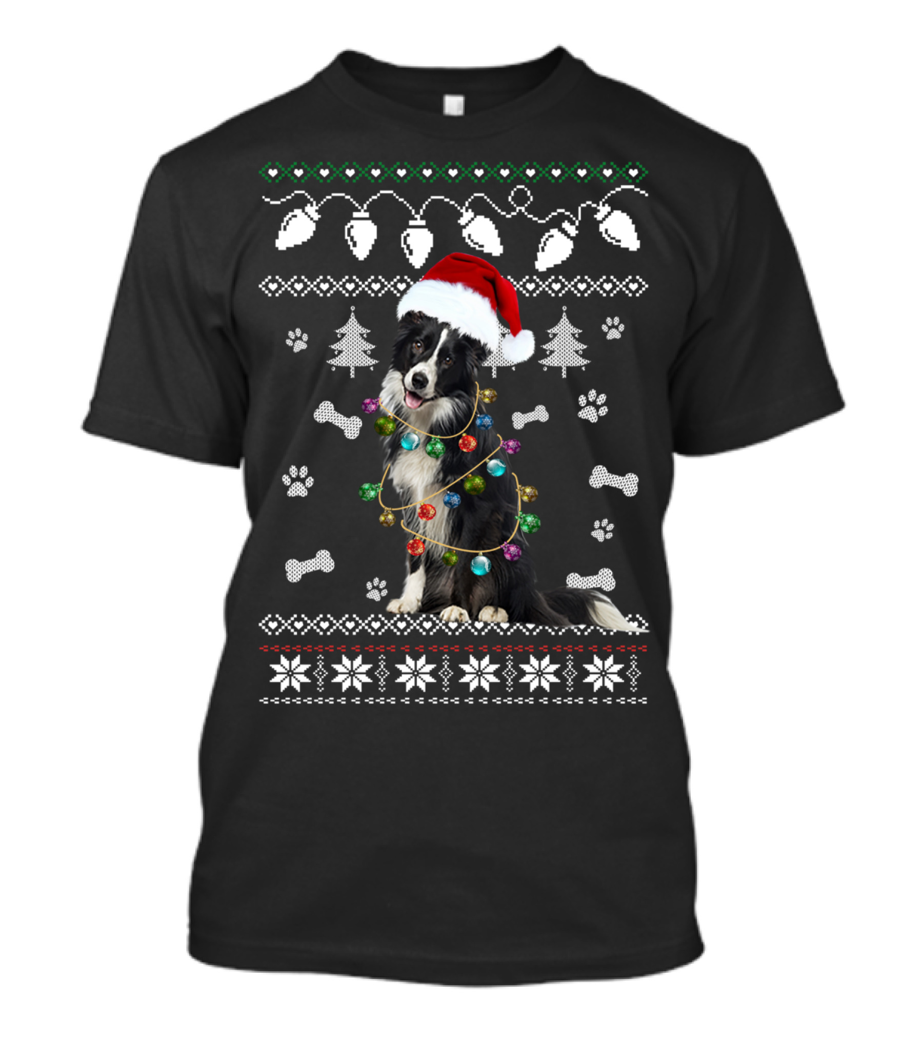 Border Collie Christmas Lights Santa Hat Paw Prints Festive T-Shirt