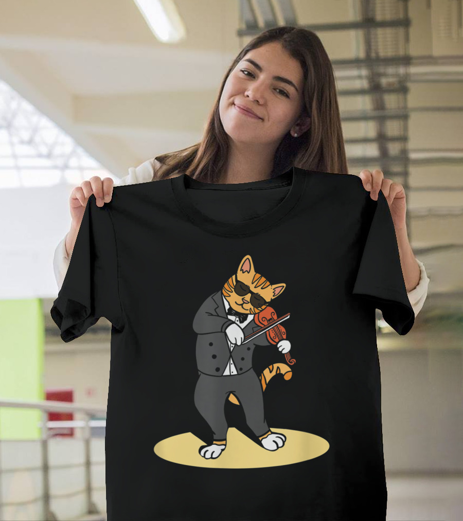 Cat Playing Violin Orchestra Kitten In Tuxedo With Sunglasses T-Shirt