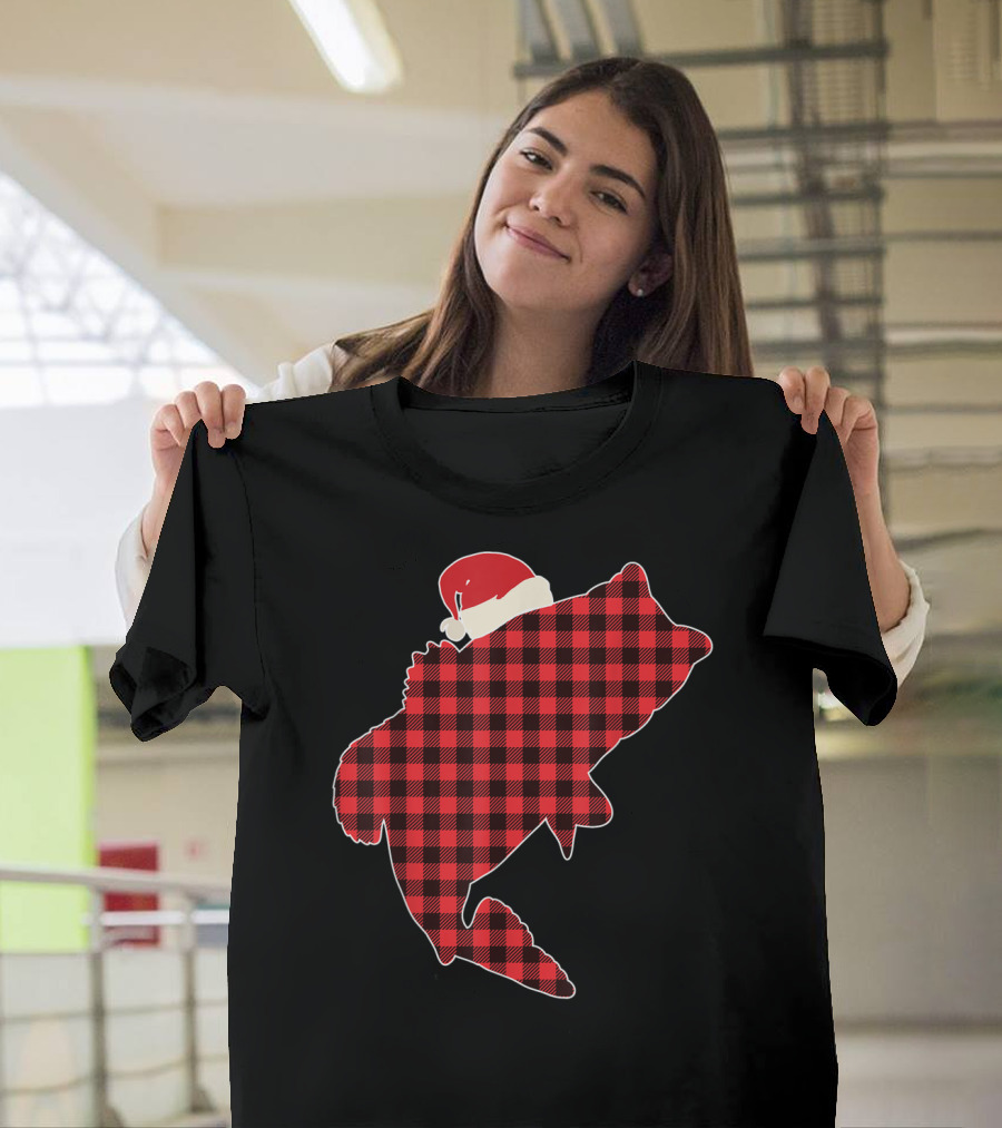 Christmas Fish Santa Hat Red Plaid Buffalo T-Shirt