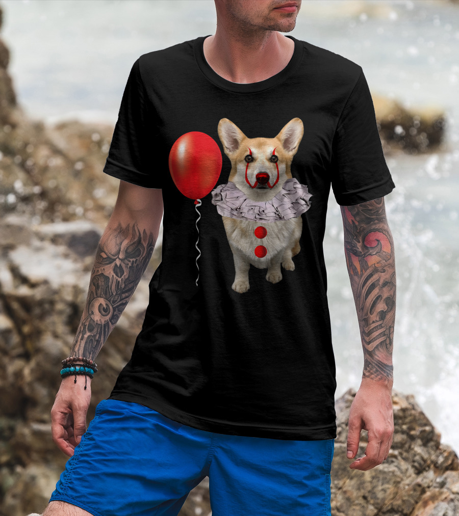 Corgi Clown Costume With Red Balloon Scary Funny Corgi T-Shirt