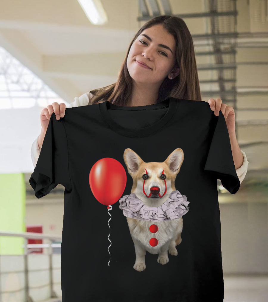 Corgi Clown Costume With Red Balloon Scary Funny Corgi T-Shirt