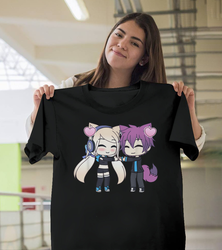 Cute Kawaii Chibi Anime Girl and Boy with Hearts and Cat Ears T-Shirt