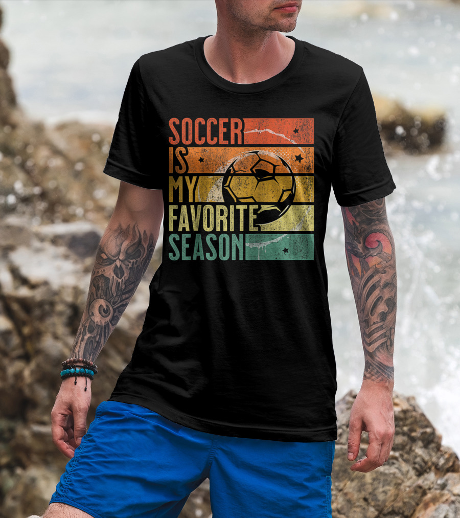 Soccer Is My Favorite Season Vintage Distressed Stripes Football Ball Retro T-Shirt