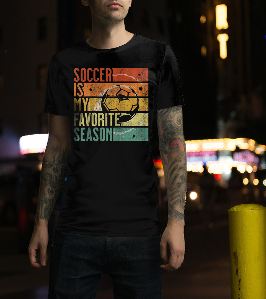 Soccer Is My Favorite Season Vintage Distressed Stripes Football Ball Retro T-Shirt
