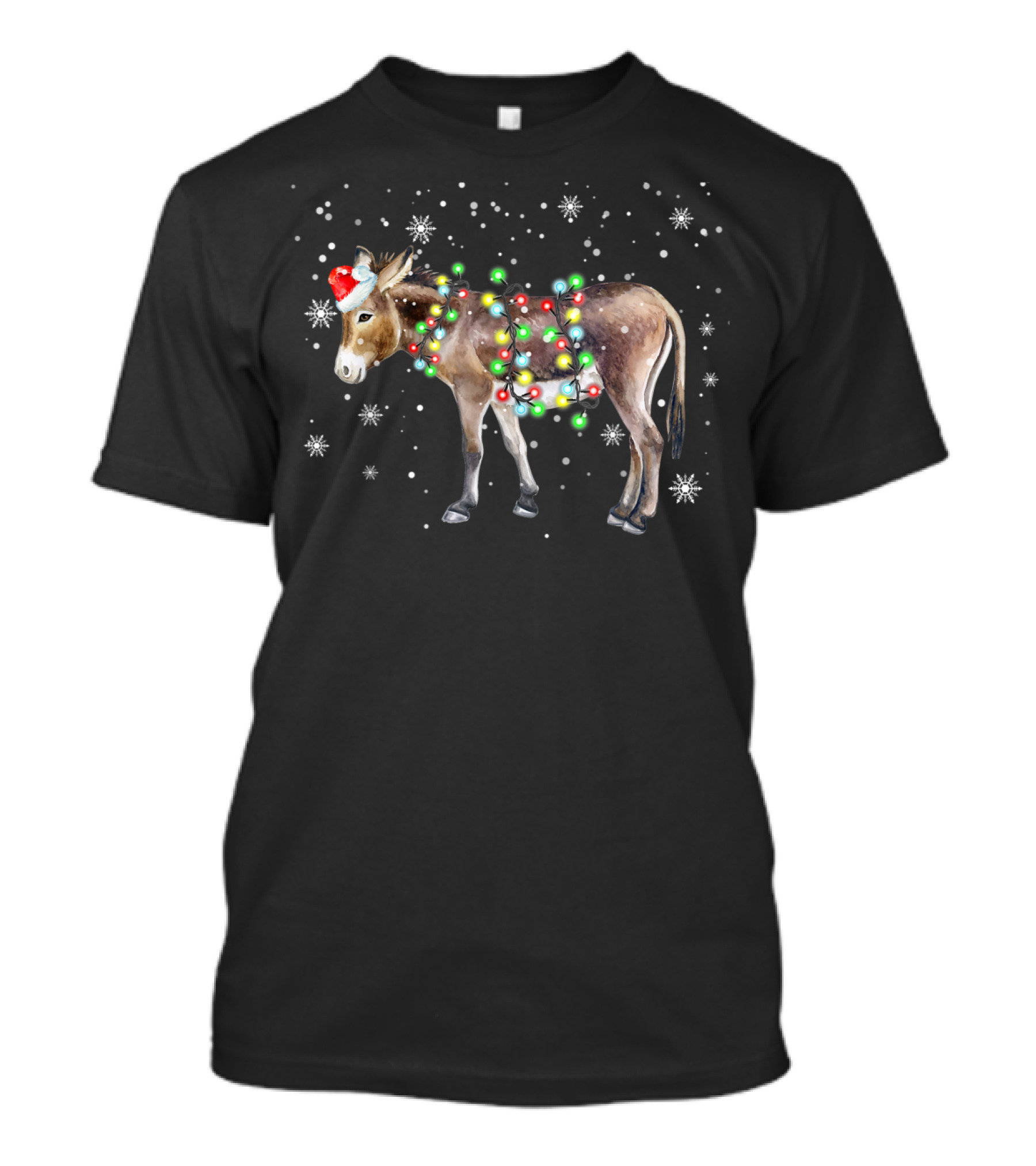 Donkey Christmas Santa Hat Colorful Lights Snowflakes Xmas T-Shirt