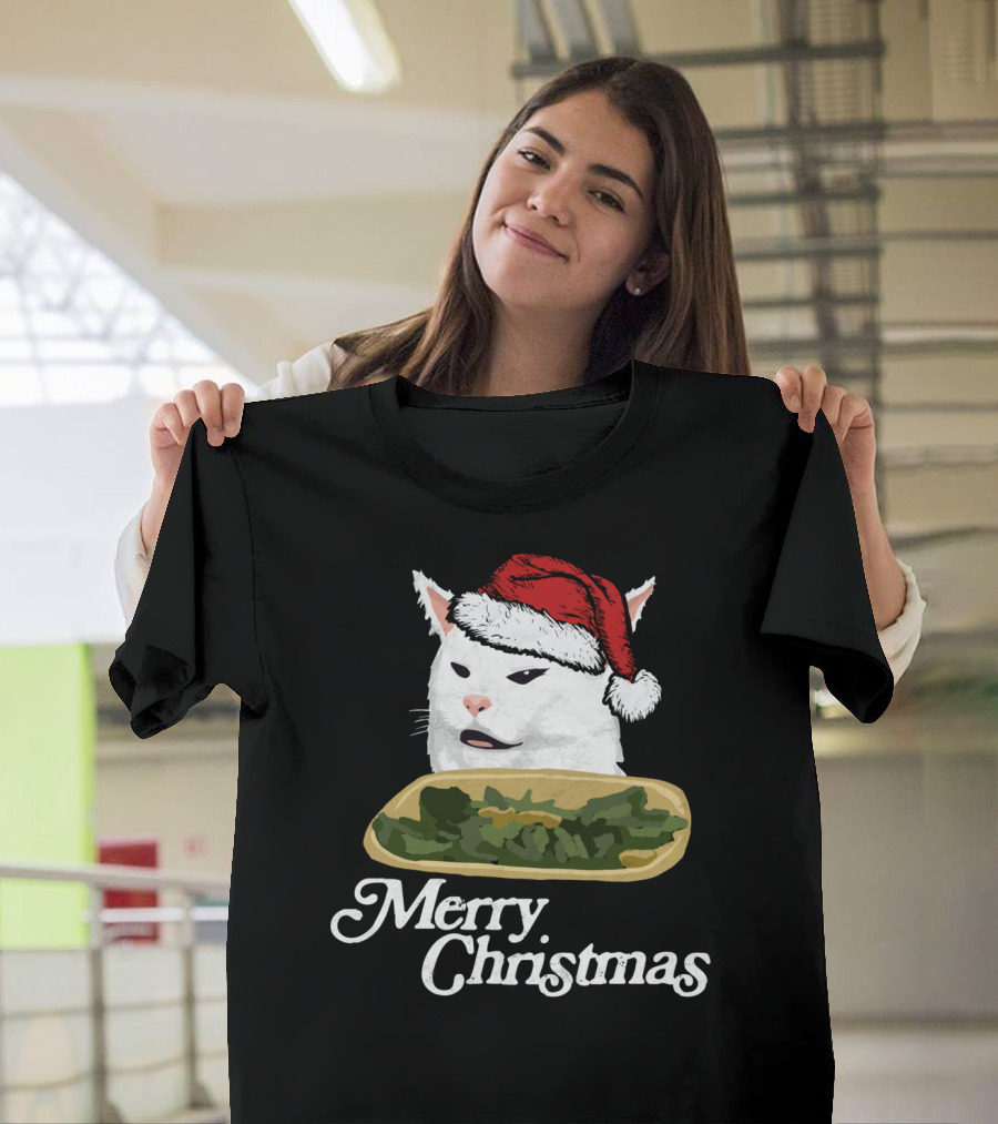 Merry Christmas Funny Arguing White Cat Santa Hat T-Shirt