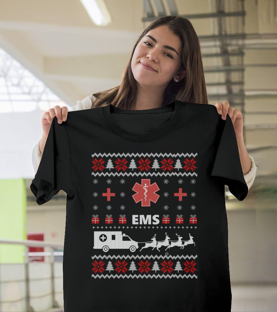 Funny EMS Christmas Ambulance Reindeer Ugly T-Shirt