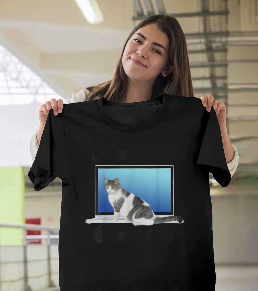 I Work on Computers Funny Grey White Cats Kitty T-Shirt