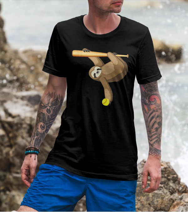 Funny Lazy Sloth Playing Baseball Softball With Bat And Ball T-Shirt