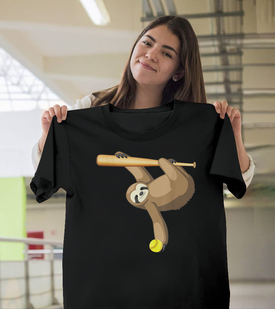 Funny Lazy Sloth Playing Baseball Softball with Bat and Ball T-Shirt