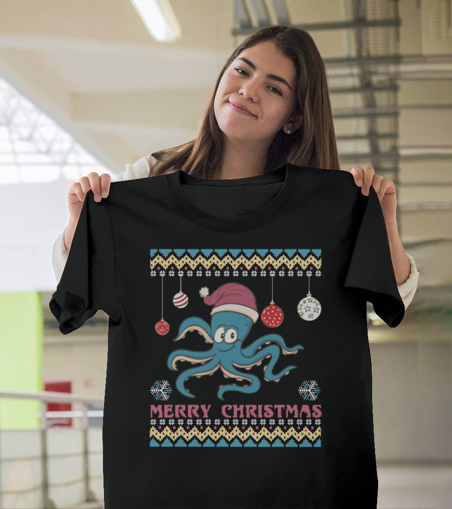 Merry Christmas Funny Octopus Santa Hat Ugly T-Shirt