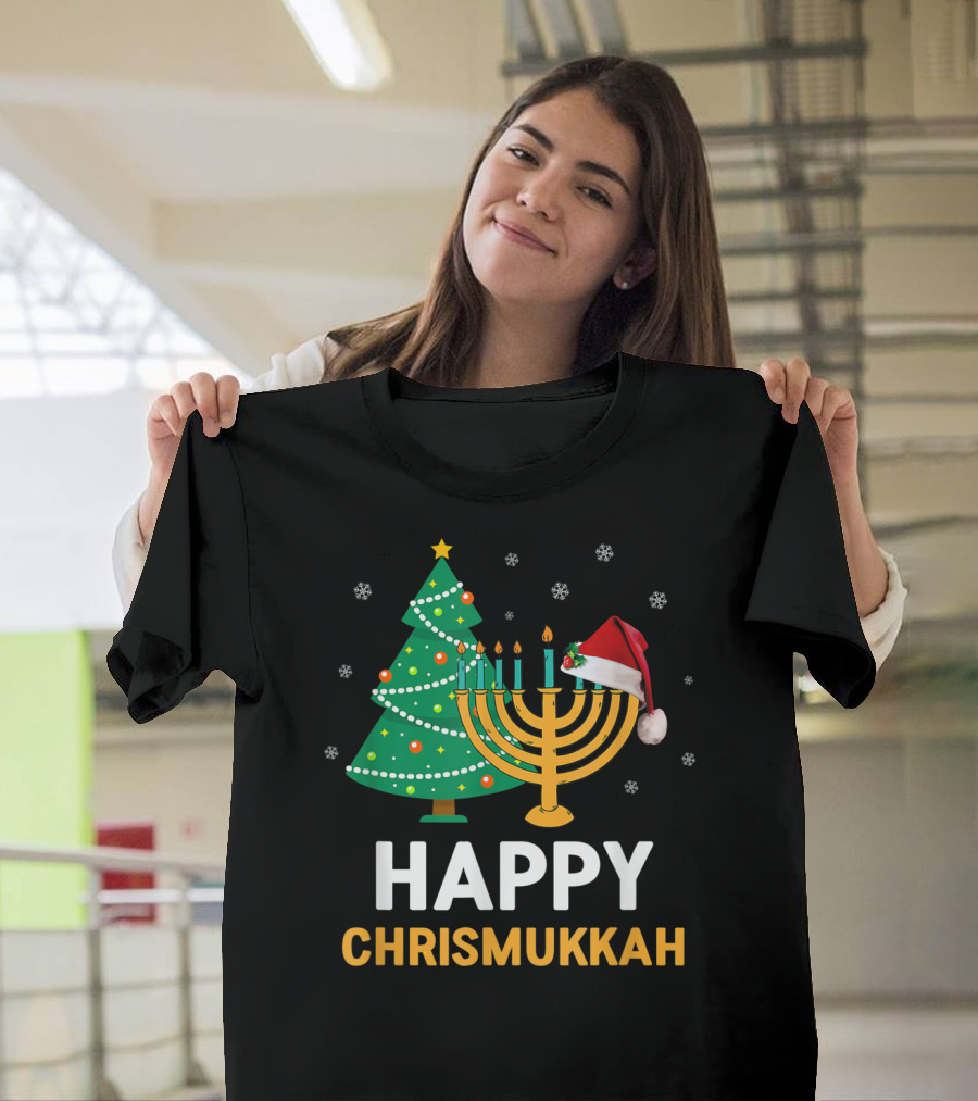 Happy Chrismukkah Funny Hanukkah Christmas Tree Menorah Santa Hat Snowflakes T-Shirt