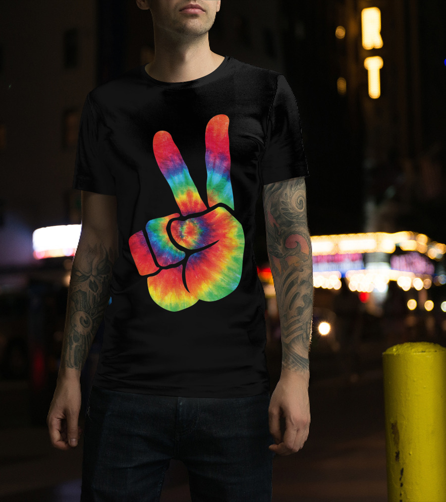 Hippie Tie Dye Peace Hand Colortone Rainbow T-Shirt