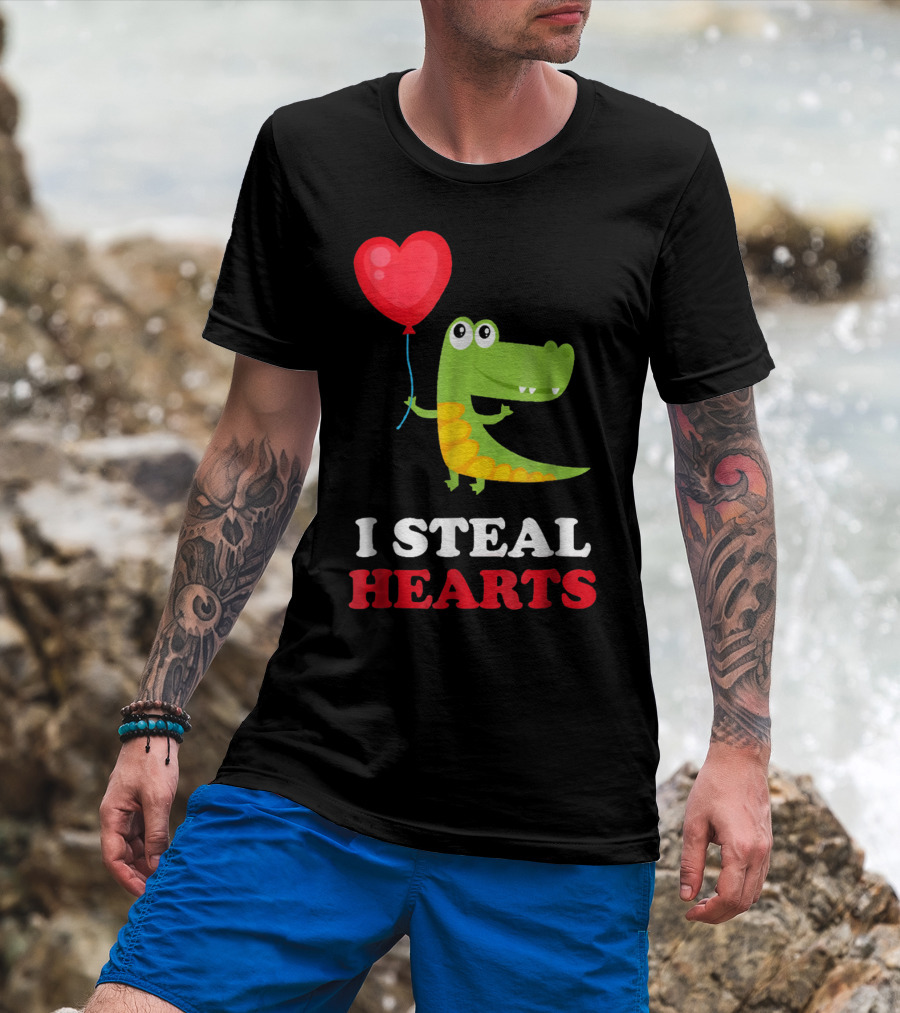 I Steal Hearts Dinosaur Holding Balloon Valentines Day T-Shirt